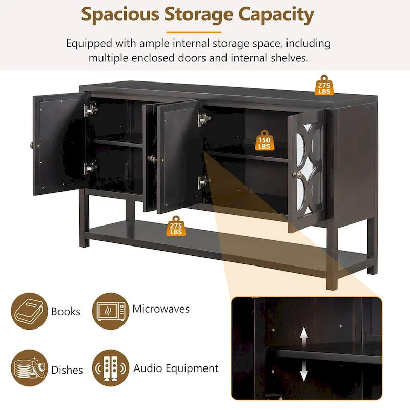Elegant Retro Console Table,Storage Cabinet,Sideboard with Mirrored Doors, Spacious Shelves, and Durable Acacia Wood Legs