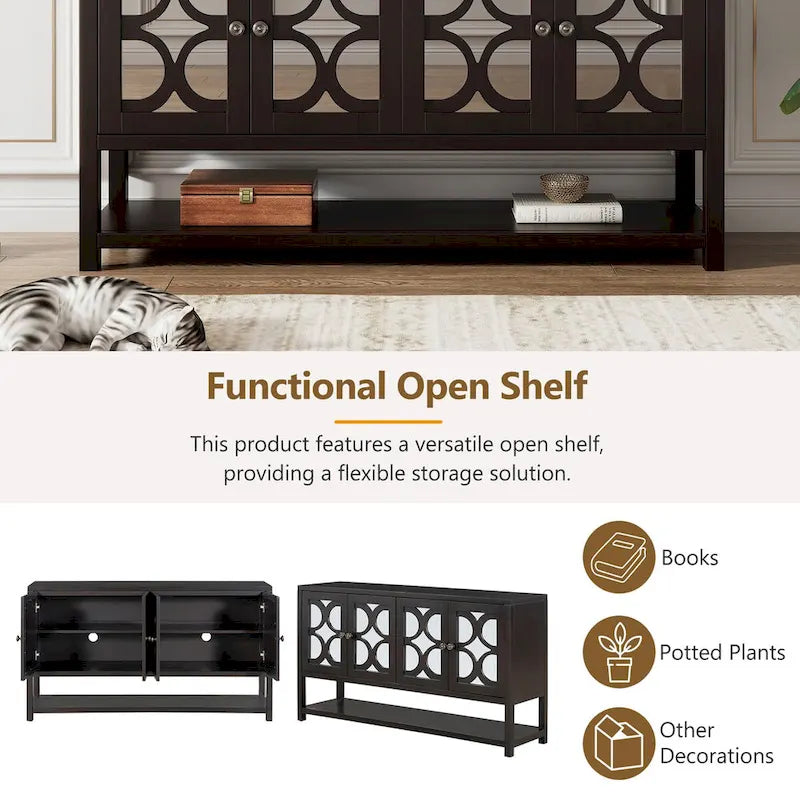 Elegant Retro Console Table,Storage Cabinet,Sideboard with Mirrored Doors, Spacious Shelves, and Durable Acacia Wood Legs