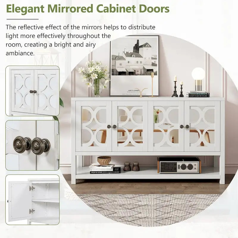 Elegant Retro Console Table,Storage Cabinet,Sideboard with Mirrored Doors, Spacious Shelves, and Durable Acacia Wood Legs