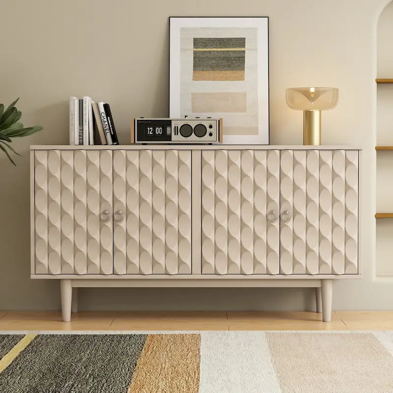 Modern 4-door Sideboard with Convex Pattern Doors and 2 Silver Handle for Living Room, Dining Room, Kitchen