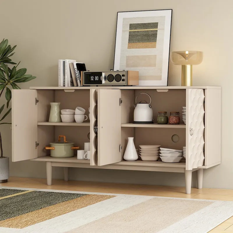 Modern 4-door Sideboard with Convex Pattern Doors and 2 Silver Handle for Living Room, Dining Room, Kitchen