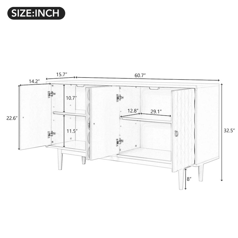 Modern 4-door Sideboard with Convex Pattern Doors and 2 Silver Handle for Living Room, Dining Room, Kitchen
