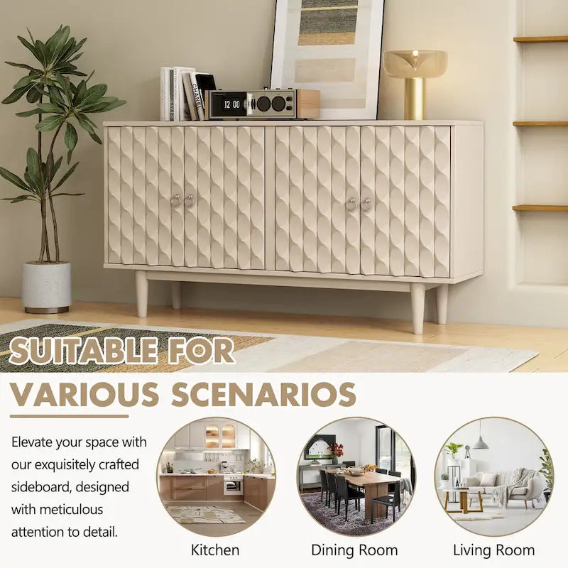 Modern 4-door Sideboard with Convex Pattern Doors and 2 Silver Handle for Living Room, Dining Room, Kitchen