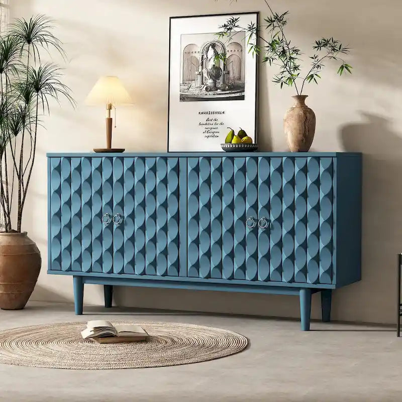 Modern 4-door Sideboard with Convex Pattern Doors and 2 Silver Handle for Living Room, Dining Room, Kitchen
