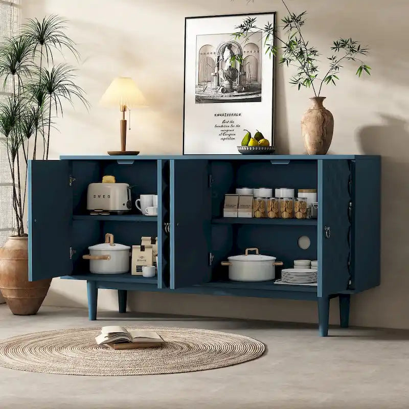 Modern 4-door Sideboard with Convex Pattern Doors and 2 Silver Handle for Living Room, Dining Room, Kitchen