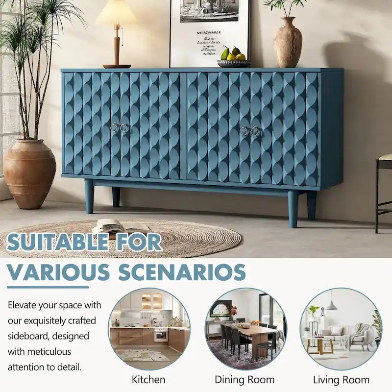 Modern 4-door Sideboard with Convex Pattern Doors and 2 Silver Handle for Living Room, Dining Room, Kitchen
