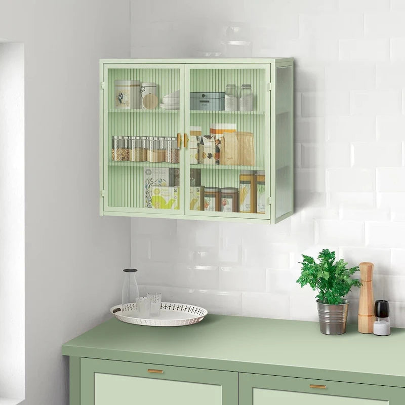 Roomfitters 27.56 Modern Glass Door Wall Cabinet with Three-Tier Storage for Entryway, Living Room, Bathroom