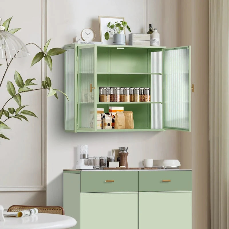 Roomfitters 27.56 Modern Glass Door Wall Cabinet with Three-Tier Storage for Entryway, Living Room, Bathroom